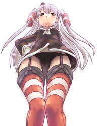  amatsukaze_(kancolle) black_panties brown_eyes commentary_request female from_below garter_straps grey_hair hair_tubes hand_on_own_hip kantai_collection long_hair mashitono_desu navel panties solo thighhighs two_side_up underwear upskirt 