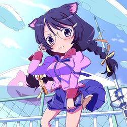  animal_ears braid cat_ears commentary_request female glasses hanekawa_tsubasa long_hair monogatari_(series) naoetsu_high_school_uniform purple_eyes purple_hair school_uniform solo twin_braids yuu_yuu_(netaeshi58) 