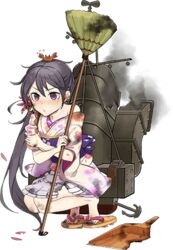  akebono_(kancolle) akebono_(new_year_mode)_(kancolle) bell crab drew_(drew213g) female flower hair_bell hair_flower hair_ornament japanese_clothes jingle_bell kantai_collection kimono long_hair machinery sandals smoke solo squatting torn_clothes transparent_background 