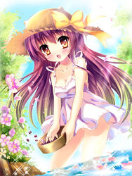  :d bad_id bad_pixiv_id blush brown_eyes dress female flower happy hat long_hair open_mouth original pecorin photoshop_(medium) purple_hair ribbon smile solo sun_hat tree wading water 