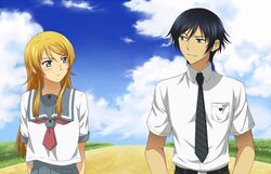  1boy black_hair blonde_hair blue_eyes brother_and_sister commentary_request female kousaka_kirino kousaka_kirino&#039;s_school_uniform kousaka_kyousuke long_hair necktie ore_no_imouto_ga_konna_ni_kawaii_wake_ga_nai school_uniform serafuku short_hair siblings toryi 