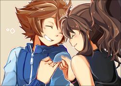  1boy ^_^ brown_hair closed_eyes commentary_request female grin hilbert_(pokemon) hilda_(pokemon) jacket long_hair luo-qin no_headwear pinky_swear pokemon pokemon_adventures pokemon_bw ponytail smile upper_body vest wristband 