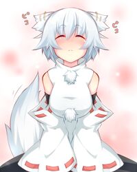  animal_ears bad_id bad_pixiv_id bare_shoulders blush breasts closed_eyes detached_sleeves ear_wiggle eyebrows female highres inubashiri_momiji kazami_ryouya large_breasts no_headwear short_hair solo tail touhou upper_body white_hair wolf_ears wolf_tail 