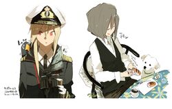  binoculars blonde_hair bread breakfast canine casual coffee commentary_request dress_shirt epaulettes failure_penguin food hat hms_conqueror_(siirakannu) hms_thunderer_(siirakannu) kantai_collection looking_away military military_uniform miss_cloud necktie original peaked_cap shirt short_hair siirakannu uniform vest 