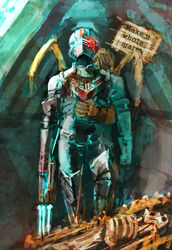  1boy armor assault_visor bad_id bad_pixiv_id blue_visor commentary_request dead_space dead_space_2 english_text glowing gun helmet holding holding_weapon isaac_clarke kunaboto monster necromorph photoshop_(medium) plasma_cutter science_fiction skeleton slasher_(dead_space) undead weapon 