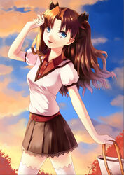  alternate_costume blue_eyes brown_hair commentary_request fate/stay_night fate_(series) female hair_ribbon long_hair ribbon sunset thighhighs tohsaka_rin tsuki_(s1ber) two_side_up white_thighhighs zettai_ryouiki 