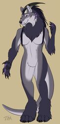  absurd_res anthro bakari breasts canid canine featureless_breasts female fish fur hair hi_res horn hybrid looking_at_viewer mammal marine nude simple_background solo standing 