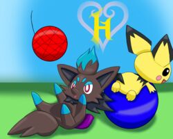  5:4 ambiguous_gender duo feral generation_2_pokemon generation_5_pokemon khblacky97 nintendo pichu playing pokemon pokemon_(species) pokemon_amie shiny_pokemon zorua 