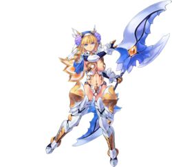  armor armored_boots awakening_(sennen_sensou_aigis) bikini_armor blonde_hair blue_eyes boots cynthia_(sennen_sensou_aigis) female full_body gloves headdress highres holding holding_weapon huge_weapon long_hair looking_at_viewer navel official_art sennen_sensou_aigis solo transparent_background uchiu_kazuma weapon 