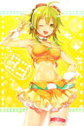  ahoge belt commentary_request cowboy_shot crop_top crop_top_overhang detached_collar elbow_gloves female gloves goggles goggles_on_head green_eyes green_hair gumi hair_ornament hand_on_own_hip headphones mamama midriff navel one_eye_closed open_mouth short_hair short_hair_with_long_locks sidelocks skindentation skirt smile solo v vocaloid wrist_cuffs 