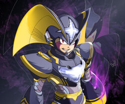  1boy adapted_costume android armor bass_(mega_man) clenched_teeth commentary english_commentary glowing helmet highres looking_at_viewer male_focus manganiac mega_man_(classic) mega_man_(series) oerba_yun_fang photoshop_(medium) purple_background red_eyes simple_background solo teeth zoom_layer 