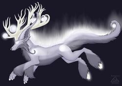  ambiguous_gender antlers bakari canid canine feral fur glowing glowing_eyes hair horn hybrid magic mammal solo 