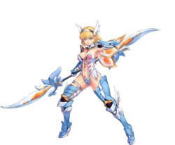  armor armored_boots bikini_armor blonde_hair blue_eyes boots breasts cynthia_(sennen_sensou_aigis) female full_body gloves head_wings high_heels holding holding_weapon legs_apart looking_at_viewer medium_breasts navel official_art sennen_sensou_aigis short_hair solo thigh_boots thighhighs transparent_background uchiu_kazuma weapon wings 