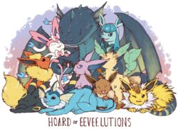  all_nine_eeveelutions ambiguous_gender annoyed canid canine closed_eyes dragon eevee eeveelution english_text espeon feral flareon front_view generation_1_pokemon generation_2_pokemon generation_4_pokemon generation_6_pokemon glaceon group hoard iguanamouth jolteon leafeon lying mammal membrane_(anatomy) membranous_wings mythological_creature mythological_scalie mythology nintendo nuzzling on_front on_haunches pokemon pokemon_(species) quadruped scalie signature simple_background sitting smile spread_wings sylveon text tongue tongue_out umbreon vaporeon wings 