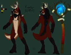  anthro antlers bakari canid canine deer fur hair horn hybrid male mammal model_sheet nude solo staff standing 