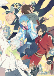  5boys arm_around_shoulder badge bandages belt black_hair blonde_hair blue_hair bridge_piercing brown_hair building button_badge canine clear_(dramatical_murder) dramatical_murder dreadlocks earrings eyebrow_piercing falling gas_mask hat headphones headphones_around_neck highres honya_lala jacket japanese_clothes jewelry kimono kiseru koujaku labret_piercing long_hair mask mink_(dramatical_murder) multiple_boys nitro+_chiral noiz_(dramatical_murder) official_art photoshop_(medium) piercing pixelated ren_(dramatical_murder) scar scarf seragaki_aoba short_hair smile smoking smoking_pipe tassel umbrella white_hair 