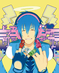  1boy blue_hair character_doll clear_(dramatical_murder) dramatical_murder finger_puppet fingerless_gloves gloves grin halo headphones highres honya_lala koujaku long_hair male_focus mink_(dramatical_murder) noiz_(dramatical_murder) official_art photoshop_(medium) puppet ren_(dramatical_murder) seragaki_aoba single_glove smile solo yellow_eyes 