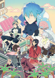  5boys badge beni_(dramatical_murder) bird black_hair blonde_hair blue_hair brown_hair building button_badge canine choker clear_(dramatical_murder) dramatical_murder dreadlocks fingerless_gloves gloves hat headphones headphones_around_neck highres honya_lala japanese_clothes kimono koujaku long_hair mink_(dramatical_murder) multiple_boys necktie nitro+_chiral noiz_(dramatical_murder) photoshop_(medium) pixelated ponytail ren_(dramatical_murder) scarf seragaki_aoba short_hair smile sword tassel tori_(dramatical_murder) tree weapon 