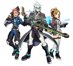  2boys artist_request asimov_(gunvolt) azure_striker_gunvolt black_hair blue_hair brown_hair female fingerless_gloves gino_(gunvolt) gloves gun monica_(gunvolt) multicolored_hair multiple_boys official_art photoshop_(medium) ponytail red_hair simple_background two-tone_hair uniform visor weapon 