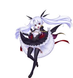  bat_wings black_thighhighs cape clothes_lift colored_skin detached_sleeves dress eden_(sennen_sensou_aigis) fangs female floating_hair full_body gochou_(kedama) head_wings lifting_own_clothes long_hair looking_at_viewer official_art open_mouth pointy_ears red_eyes sennen_sensou_aigis skirt skirt_lift smile solo thighhighs transparent_background twintails vampire white_hair white_skin wings 