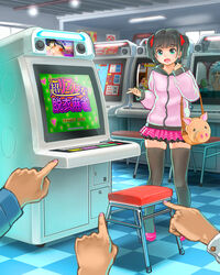  :d arcade_cabinet bag black_hair black_legwear blunt_bangs commentary_request female green_eyes handbag himeshaga hood hood_down hoodie indoors long_sleeves looking_at_viewer open_mouth original pink_footwear pink_hoodie pink_skirt pleated_skirt pointing shoes short_hair skirt smile solo_focus standing stool strip_game super_real_mahjong thighhighs translated zettai_ryouiki 