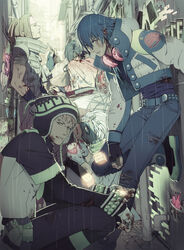  5boys alley apple barbell_piercing blood captive_bead_ring clear_(dramatical_murder) dramatical_murder dreadlocks eyebrow_piercing food fruit gas_mask glowing graffiti hat headphones headphones_around_neck highres honya_lala injury jacket kiseru koujaku lip_piercing mask mink_(dramatical_murder) multiple_boys noiz_(dramatical_murder) nose_piercing official_art photoshop_(medium) piercing rain seragaki_aoba smoking_pipe torn_clothes umbrella wiping_face 