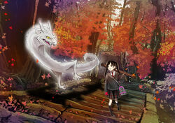  autumn bag black_eyes black_hair cardigan commentary_request dragon duffel_bag ebba female forest highres nature necktie original outdoors photoshop_(medium) pleated_skirt school_uniform skirt stairs twintails 