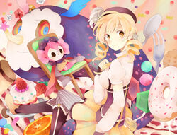  bad_id bad_pixiv_id blonde_hair candy charlotte_(madoka_magica) dessert doughnut drill_hair female food fork from_behind fruit gyoe hat long_hair looking_at_viewer magical_girl mahou_shoujo_madoka_magica mahou_shoujo_madoka_magica_(anime) oversized_object pastry sitting smile spoon strawberry striped sweets thighhighs tomoe_mami tomoe_mami_(magical_girl) twintails vertical_stripes yellow_eyes 