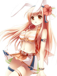  animal_ears armband beatmania_iidx blush commentary_request female flower hair_flower hair_ornament hand_on_own_chest headphones hibiscus long_hair midriff navel panties parted_lips photoshop_(medium) pink_hair rabbit_ears shiramori_yuse skirt solo striped_clothes striped_panties umegiri_iroha underwear wristband yellow_eyes 