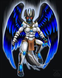  anthro armor bakari bottomwear canid canine clothing feathered_wings feathers female hi_res horn hybrid loincloth mammal red_eyes solo wings 