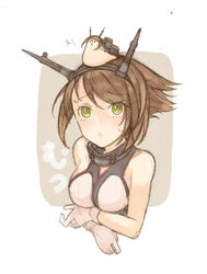  animal animal_on_head bare_shoulders blush brown_hair commentary_request dual_persona female from_above gloves green_eyes headgear higashizaki_ryuu kantai_collection looking_up machinery mutsu_(kancolle) mutsu_(snail) on_head photoshop_(medium) short_hair sleeveless snail snail_on_head turret upper_body white_gloves 