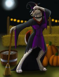  anthro badger bakari cane clothed clothing female food fruit hat headgear headwear hi_res looking_at_viewer mammal mustelid musteline plant pumpkin smile solo standing witch_hat 