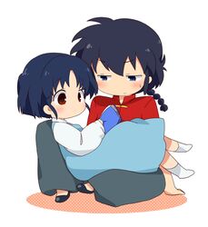  1boy bad_id bad_pixiv_id black_hair blue_eyes book braid brown_eyes chibi chinese_clothes dress female fuurinkan_high_school_uniform long_hair meiro_(yuu) ranma_1/2 reading saotome_ranma school_uniform shoes short_hair simple_background single_braid sitting sitting_on_lap sitting_on_person socks tangzhuang tendou_akane white_background white_legwear 