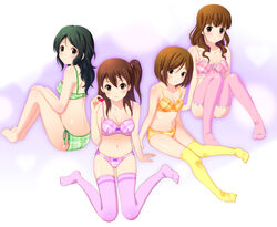  4girls alternate_hairstyle bad_feet bad_id bad_pixiv_id bare_shoulders blush bra brown_hair extra frilled_bra frilled_legwear frills green_bra green_hair green_panties hair_down k-on! kinoshita_shizuka lace lace-trimmed_legwear lace_trim lingerie long_hair midriff multiple_girls navel orange_bra orange_panties panties photoshop_(medium) pink_thighhighs purple_bra purple_panties purple_thighhighs sasaki_youko shian_(my_lonly_life.) short_hair side-tie_panties side_ponytail sitting smile taki_eri thighhighs underwear underwear_only wakaouji_ichigo wariza yellow_thighhighs 