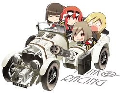  4girls bentley bentley_blower black_hair blonde_hair briefcase brown_hair cape car commentary_request convertible eyewear_on_head gatling_gun gun hms_conqueror_(siirakannu) hms_monarch_(siirakannu) hms_orion_(siirakannu) hms_thunderer_(siirakannu) kantai_collection machine_gun military military_uniform minigun motor_vehicle multiple_girls original racing red_eyes red_hair scared sidecar siirakannu smirk smug sunglasses uniform vehicle_focus weapon 