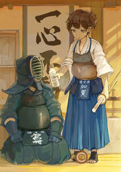  1boy barefoot blue_hakama bottle bougu brown_eyes brown_hair commentary_request dojo female hakama hakama_skirt japanese_clothes kaga_(kancolle) kantai_collection kendo kendo_mask open_mouth shinai short_hair side_ponytail sitting skirt spark_(sandro) sword toeless_legwear water water_bottle weapon 