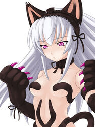  animal_ears animal_hands cat_ears cat_tail claws commentary_request cosplay felicia_(vampire) felicia_(vampire)_(cosplay) female hairband itou_yuuji long_hair navel pink_eyes rozen_maiden solo suigintou tail vampire_(game) white_hair 