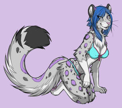  anthro avoid_posting blue_hair bra clothed clothing felid female hair heterochromia keihound kneeling leopard looking_at_viewer mammal pantherine panties skimpy snow_leopard solo underwear whiskers 