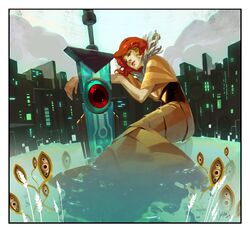  black_border border cityscape commentary dress female jen_zee official_art red_(transistor) red_hair resting short_hair sword the_transistor transistor_(game) water weapon 