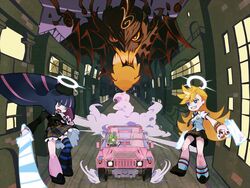  2girls bad_id bad_pixiv_id beret blonde_hair bracelet building car chuck_(psg) ghost_(psg) gun halo hat highres hummer hummer_h1 jewelry motor_vehicle multicolored_hair multiple_girls necktie official_style panty_&amp;_stocking_with_garterbelt panty_(psg) school_uniform see-through_(psg) siblings single_thighhigh sisters skirt socks stocking_(psg) striped_clothes striped_thighhighs sword thighhighs tt_(poposujp) two-tone_hair weapon 