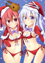  2girls bikini blue_eyes blush capelet christmas commentary_request gloves hat hata_no_kokoro highres kuzumomo mononobe_no_futo multiple_girls navel pink_eyes pink_hair red_bikini red_gloves reindeer_hair_ornament santa_bikini santa_costume santa_gloves santa_hat side-tie_bikini_bottom snowing swimsuit touhou white_hair 