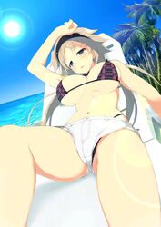  arm_up beach bikini black_eyes breasts brown_hair day female foreshortening hairband ibuki_(senran_kagura) large_breasts lens_flare long_hair lying navel official_art on_back open_mouth outdoors palm_tree senran_kagura senran_kagura_new_wave short_shorts shorts skindentation solo string_bikini striped_bikini striped_clothes sweat swimsuit tree underboob yaegashi_nan 