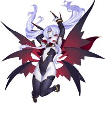  arms_up awakening_(sennen_sensou_aigis) bat_wings black_thighhighs blush boots cape circlet colored_skin detached_sleeves eden_(sennen_sensou_aigis) fangs female flat_chest floating_hair full_body gochou_(kedama) head_wings leotard long_hair multiple_wings official_art open_mouth pointy_ears red_eyes sennen_sensou_aigis sidelocks slit_pupils solo thigh_boots thighhighs transparent_background twintails vampire white_hair white_skin wings 