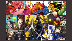  3boys 5girls absurdres amagi_yukiko black_hair blonde_hair blue-framed_eyewear brown_eyes brown_hair cabbie_hat collaboration commentary_request doujima_nanako folding_fan glasses grey_eyes grey_hair hairband hanamura_yousuke hand_fan hat headphones headphones_around_neck highres himiko_(persona_4) izanagi_(persona_4) jacket jiraiya_(persona_4) katana kintoki-douji konohana_sakuya kujikawa_rise kuma_(persona_4) long_hair mmlu_(honwa_karesu) mouth_hold multiple_boys multiple_girls narukami_yuu persona persona_4 red-framed_eyewear ryuryo satonaka_chie school_uniform shirogane_naoto short_hair skirt slipping_hablerie sukuna-hikona_(persona_4) sunglasses sword take-mikazuchi tatsumi_kanji television tomoe_(persona_4) track_jacket weapon yellow-framed_eyewear 