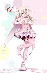  absurdres blonde_hair commentary_request desakey fate/kaleid_liner_prisma_illya fate_(series) female gloves highres illyasviel_von_einzbern long_hair magical_girl one_eye_closed open_mouth pink_eyes pink_thighhighs prisma_illya solo thighhighs white_gloves 