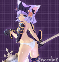  animal_ears armor ass black_thighhighs blue_eyes breastplate butt_crack commentary_request female gauntlets hair_ornament halberd headgear headpiece hip_focus latale looking_back panties pauldrons polearm purple_hair short_hair shoulder_armor single_thighhigh solo swordian thighhighs underwear weapon white_panties zi_(mumei) 