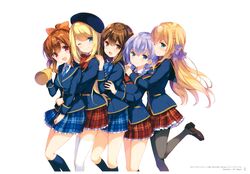  5girls absurdres blonde_hair blue_eyes chloe_lemaire girlfriend_(kari) green_eyes hair_ornament hair_ribbon hairclip highres mochizuki_erena multiple_girls murakami_fumio official_art one_eye_closed pantyhose plaid plaid_skirt pleated_skirt qp:flapper ribbon sakurai_akane_(girlfriend) school_uniform shiina_kokomi skirt thighhighs white_legwear 