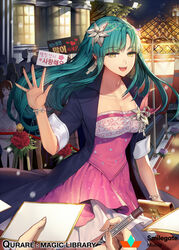  2girls :d artificial_flower bad_id bad_pixiv_id bag banner blunt_bangs bracelet breasts brooch carchet cleavage coat collarbone company_name copyright_name copyright_notice crowd dress dress_flower earrings fence fingernails flower green_hair green_nails hair_flower hair_ornament half-closed_eyes handbag highres jewelry korean_text large_breasts logo long_hair looking_at_another looking_at_viewer louvre_pyramid marker multiple_girls nail_polish night official_art open_clothes open_coat open_mouth out_of_frame outdoors pen people pink_dress pov pov_hands purple_flower purple_rose qurare_magic_library red_carpet red_flower red_rose rose sign smile solo_focus stanchion standing walking wallet watermark waving yellow_eyes 