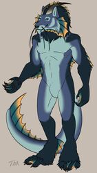  anthro bakari canid canine fish fur hair hi_res hybrid looking_at_viewer male mammal marine nude solo standing 