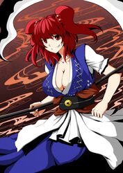  bad_id bad_pixiv_id breasts cleavage coin collarbone doseisan_(dosei-san) female grin hair_bobbles hair_ornament large_breasts looking_at_viewer obi onozuka_komachi red_eyes red_hair sash scythe shirt skirt smile solo touhou two_side_up 